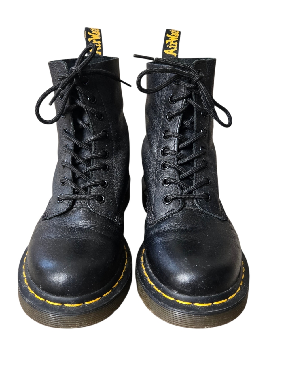 Dr. Martens Black Leather Lace-Up Combat Boots with Yellow Stitching